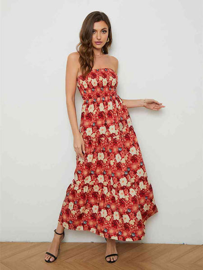 Vestido floral sin tirantes con espalda escotada