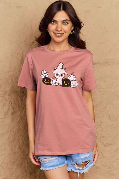 Simply Love T-shirt en coton avec motif chat et citrouille pleine taille