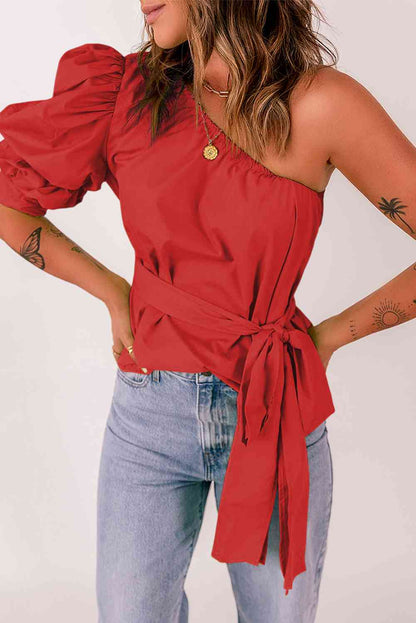 Tied Puff Sleeve One-Shoulder Top