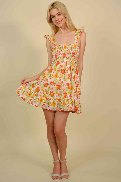 Floral Smocked Square Neck Mini Dress