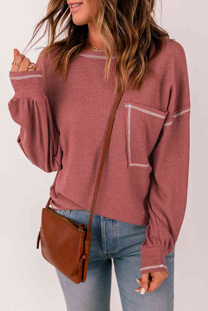 Contrast Stitching Waffle Knit Top