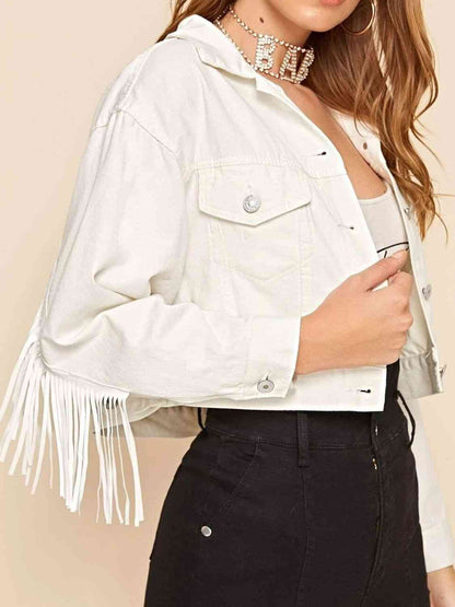 Chaqueta vaquera de manga larga con cuello y cuello con detalle de flecos