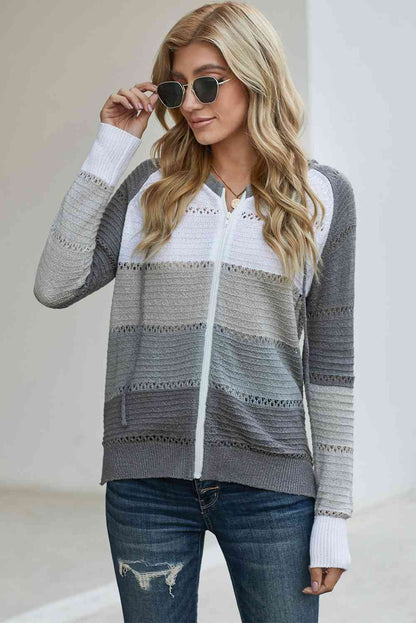 Cardigan zippé à capuche ajouré et manches raglan