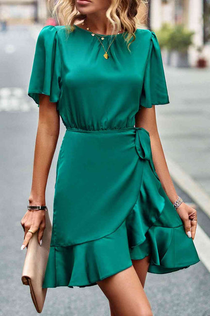 Round Neck Flutter Sleeve Ruffled Dress