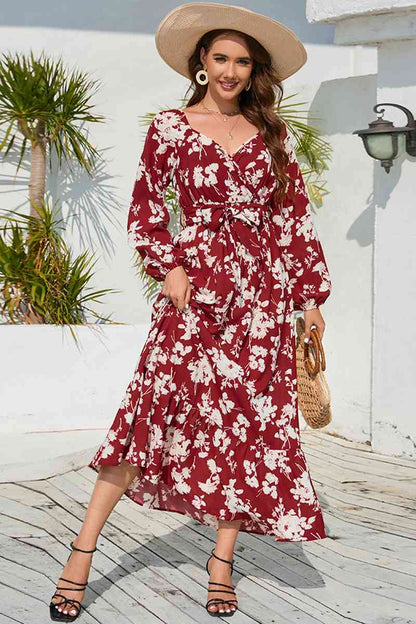 Robe longue à manches longues et col en V imprimé floral