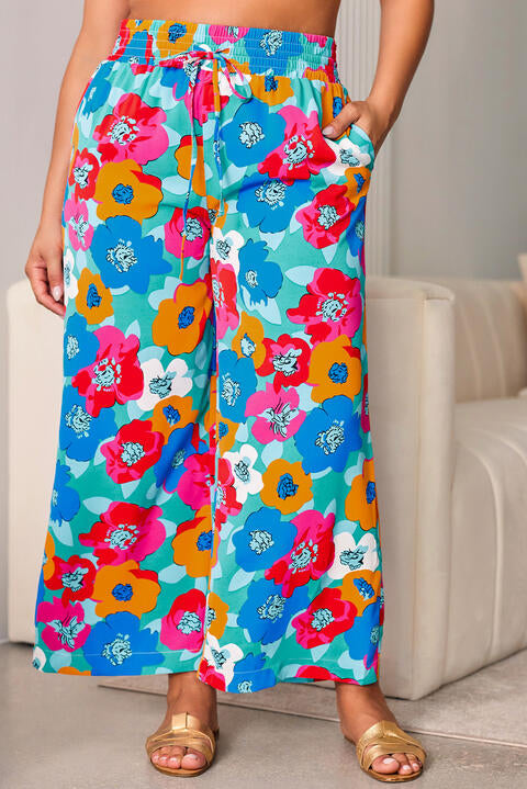 Pantalon à Jambe Large à Cordon Floral de Grande Taille avec Poches