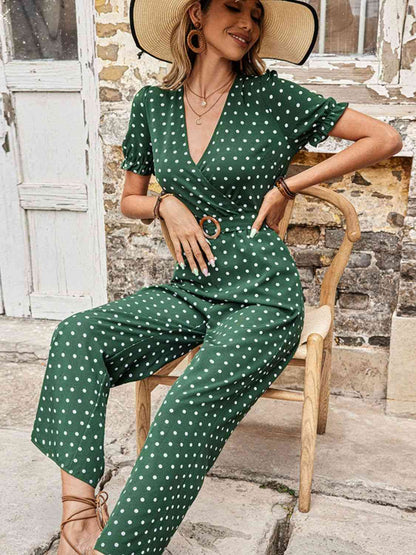 Polka Dot Belted Flounce Sleeve Jumpsuit with Pockets