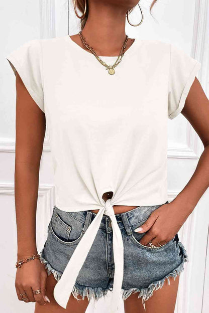 Tied Round Neck Crop Tee