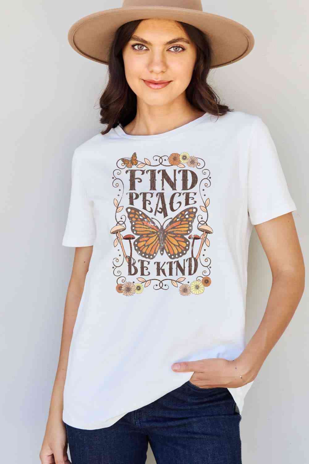 Camiseta de algodón con estampado de talla grande FIND PEACE BE KIND de Simply Love