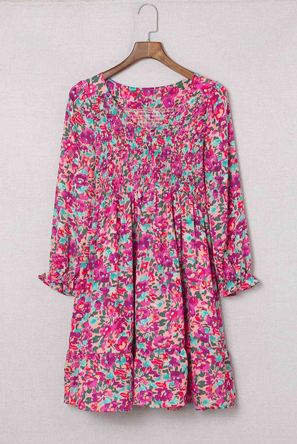 Floral Smocked V-Neck Flounce Sleeve Dress