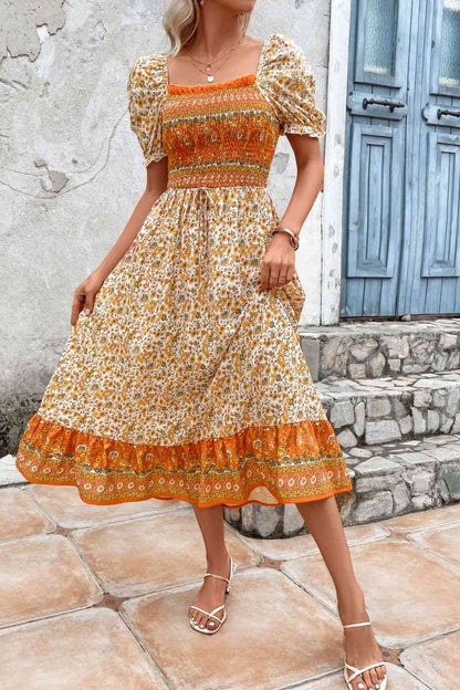 Bohemian Square Neck Puff Sleeve Dress