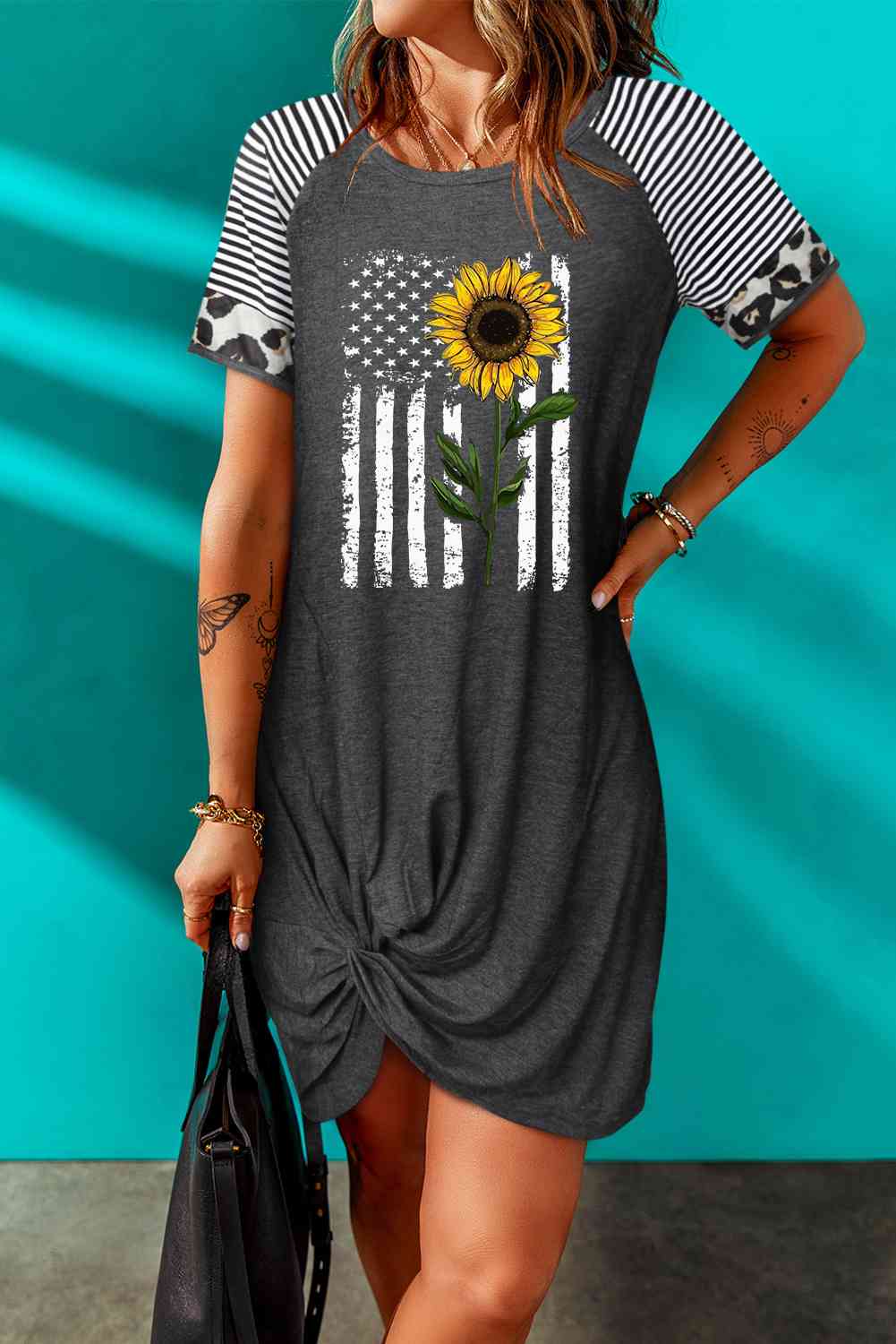 Vestido retorcido con estampado mixto y gráfico de girasol