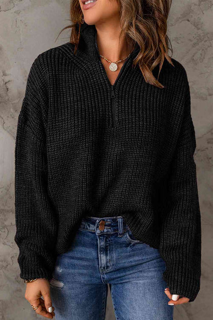 Woven Right Half Zip Rib-Knit Dropped Shoulder Sweater