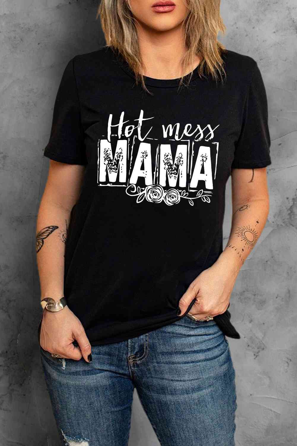 T-shirt graphique à col rond HOT MESS MAMA