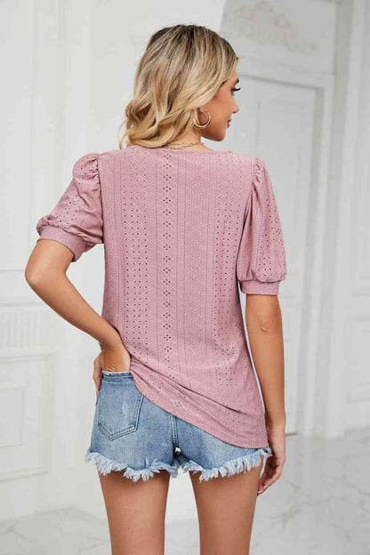 Eyelet Puff Sleeve Round Neck Top