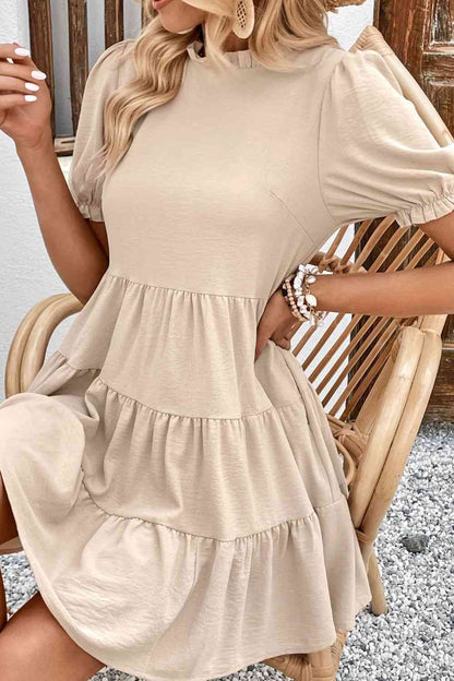 Puff Sleeve Tie Back Tiered Dress