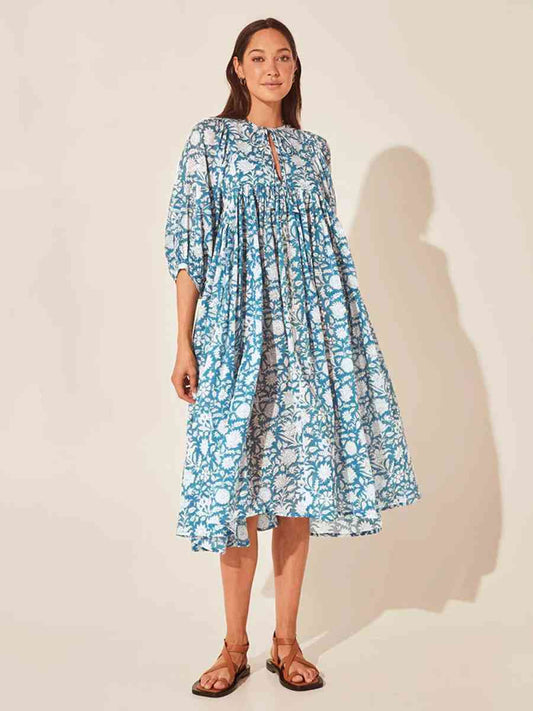 Floral Tie Neck Lantern Sleeve Dress