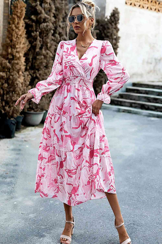 Printed Surplice Neck Flounce Sleeve Midi Dress