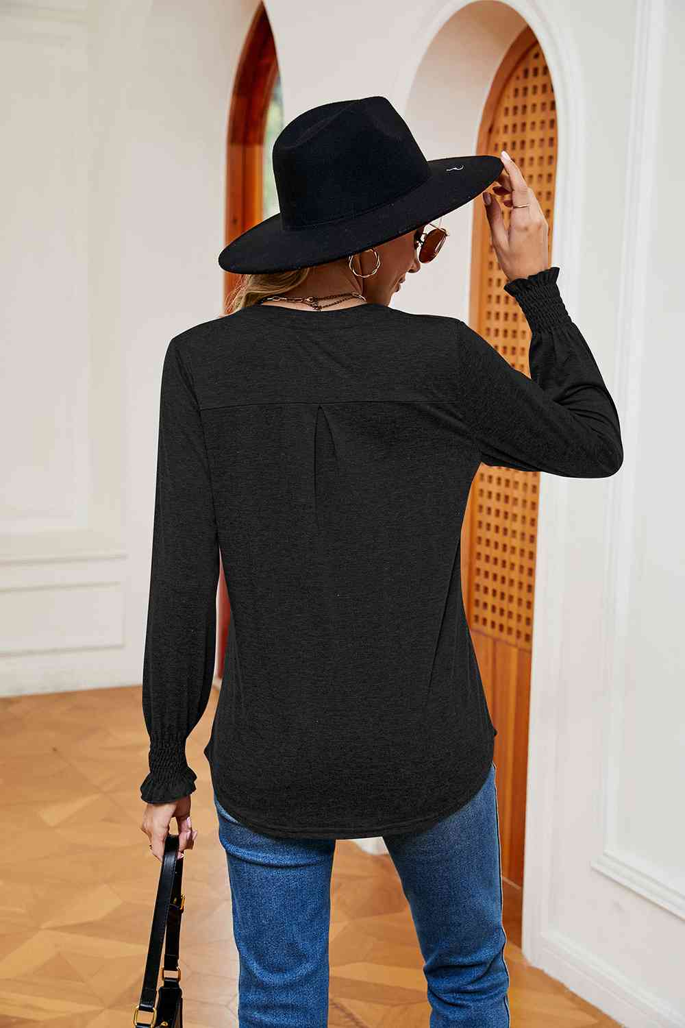 Notched Neck Long Sleeve Blouse