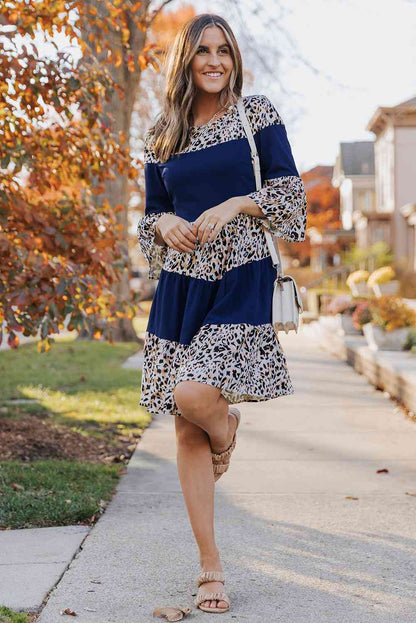 Animal Print Color Block Flare Sleeve Dress