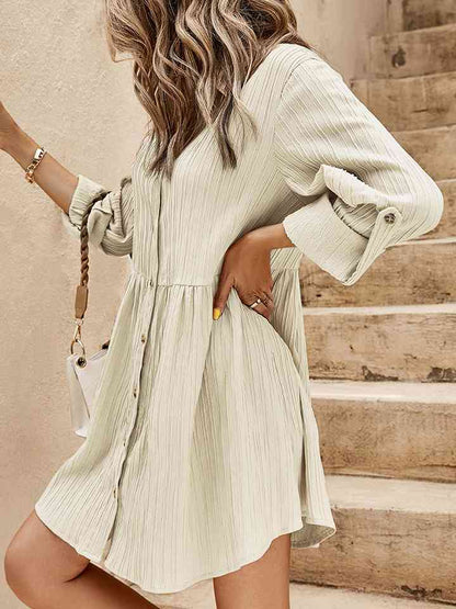 Button-Down Roll-Tab Sleeve Dress