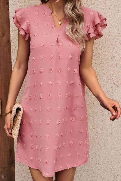 Swiss Dot Notched Neck Flutter Sleeve Dress