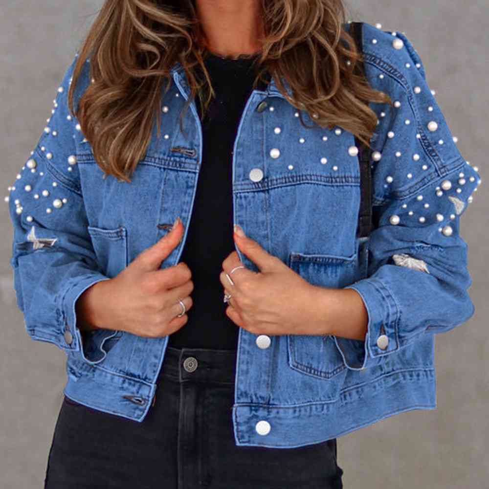 Veste en jean à détails de perles