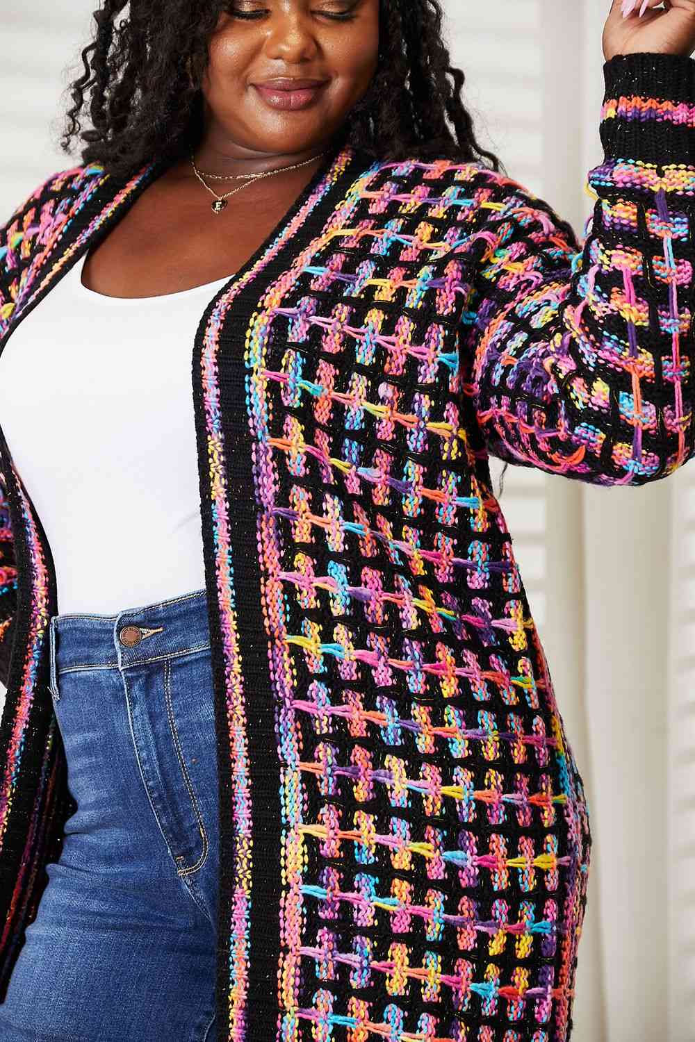 Double Take Cardigan multicolore ouvert sur le devant avec ourlet à franges pleine taille