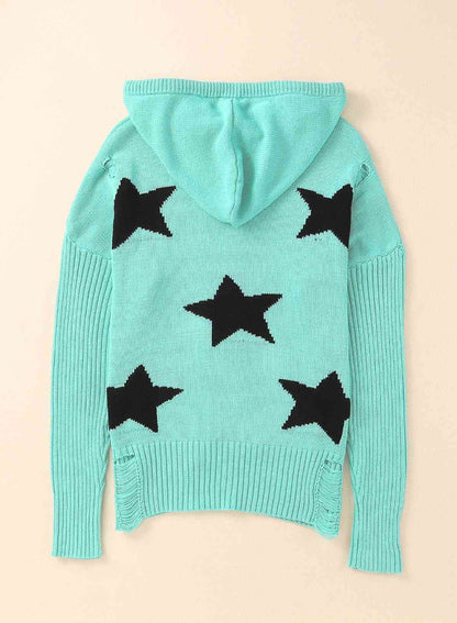 Woven Right Star Distressed Slit Hooded Sweater