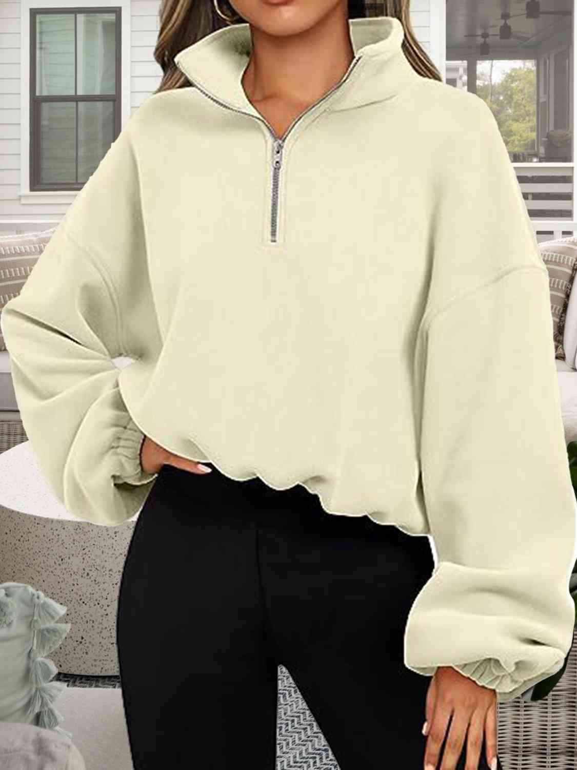 Half-Zip Collared Drop Shoulder Fleece Sweatshirt