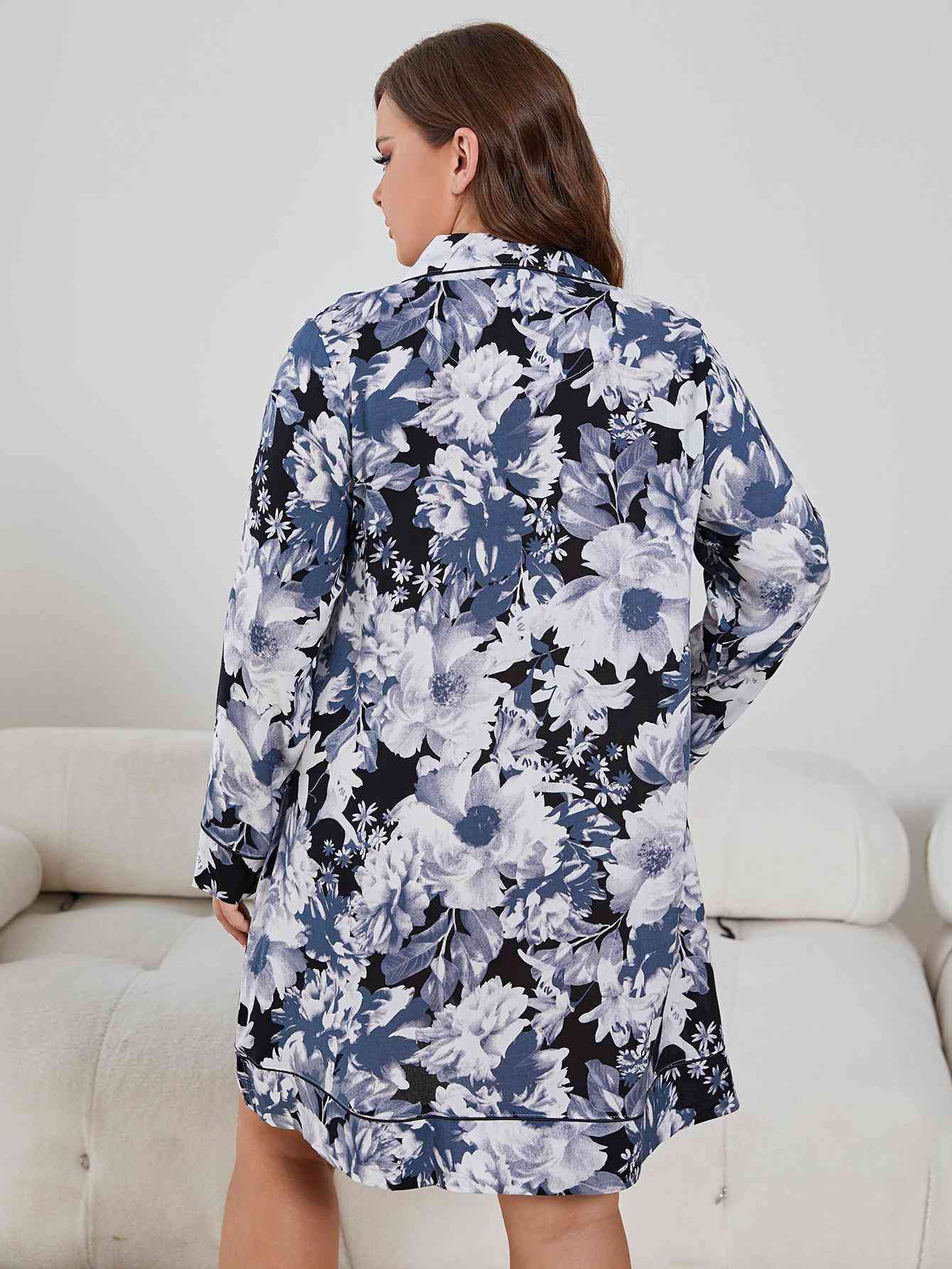 Robe de Nuit à Manches Longues et Col à Revers Floral de Grande Taille