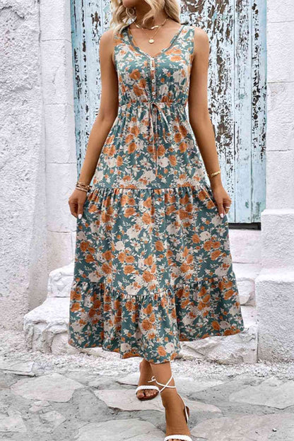 Robe fleurie sans manches à volants et col en V