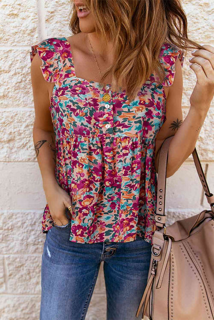 Camiseta sin mangas con volantes y cuello cuadrado con botones florales