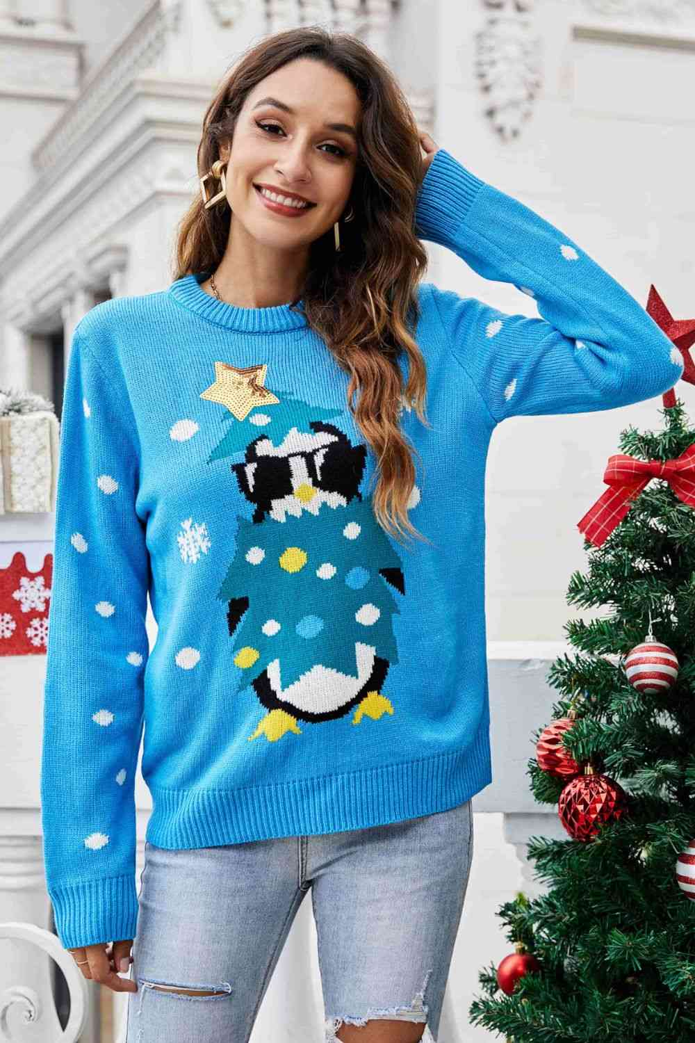 Jersey navideño con lentejuelas y estampado de pingüino