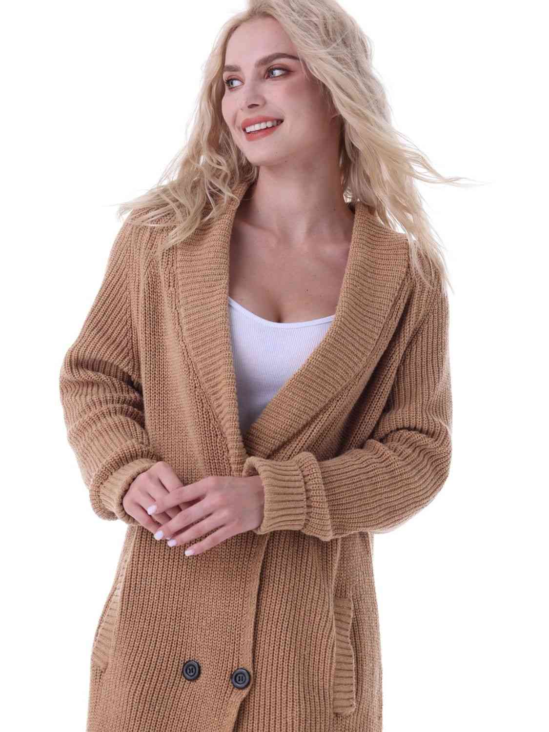 Cardigan long à double boutonnage avec poches