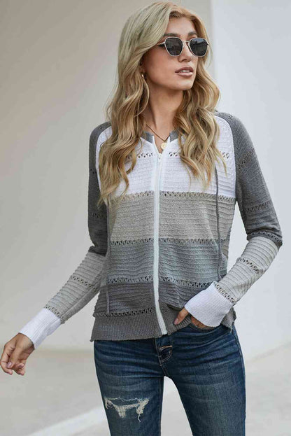 Cardigan zippé à capuche ajouré et manches raglan