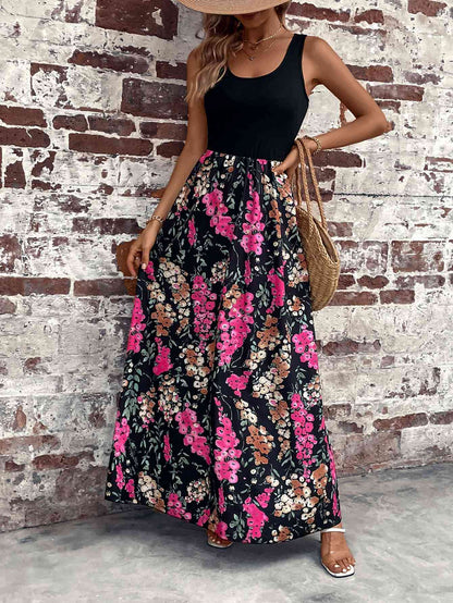 Robe longue florale sans manches à encolure dégagée