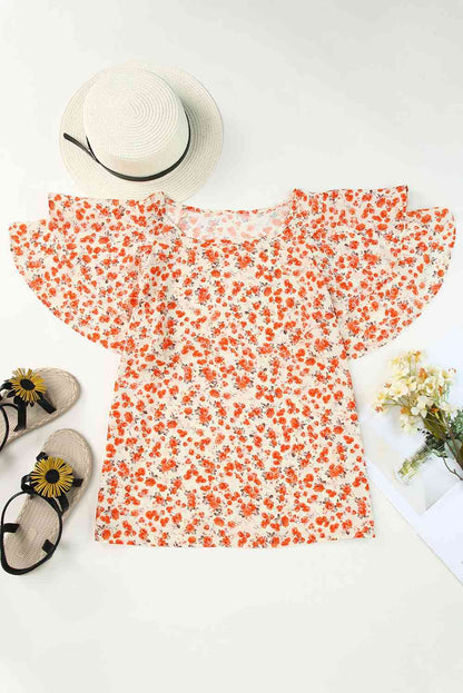 Floral Round Neck Flutter Sleeve Blouse