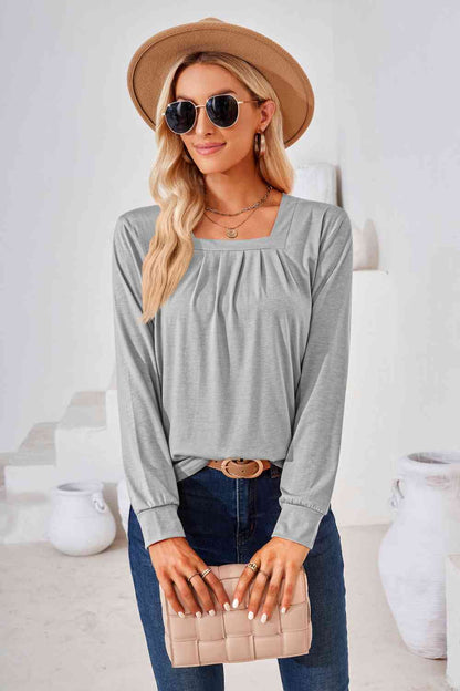 Square Neck Ruched Long Sleeve Blouse