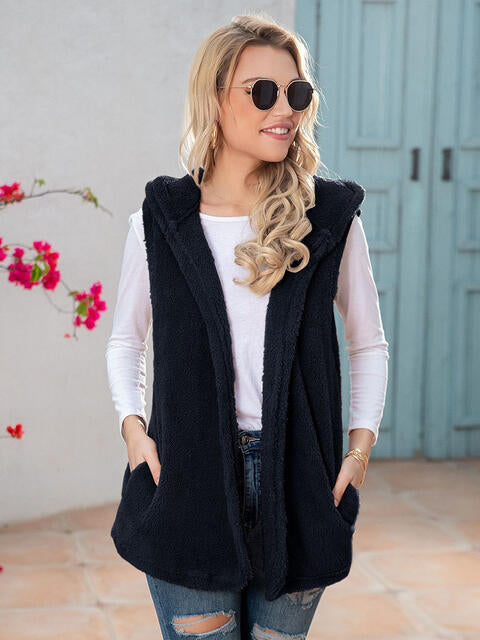 Full Size Sleeveless Hooded Vest with Pockets