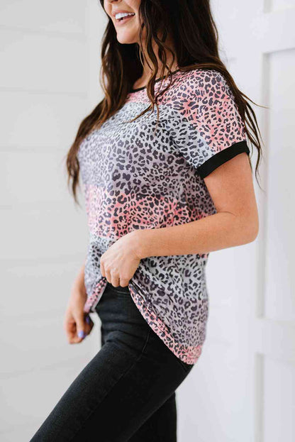 Leopard Color Block Round Neck Tee