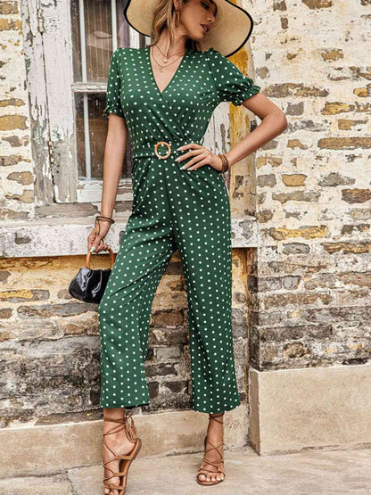 Polka Dot Belted Flounce Sleeve Jumpsuit with Pockets