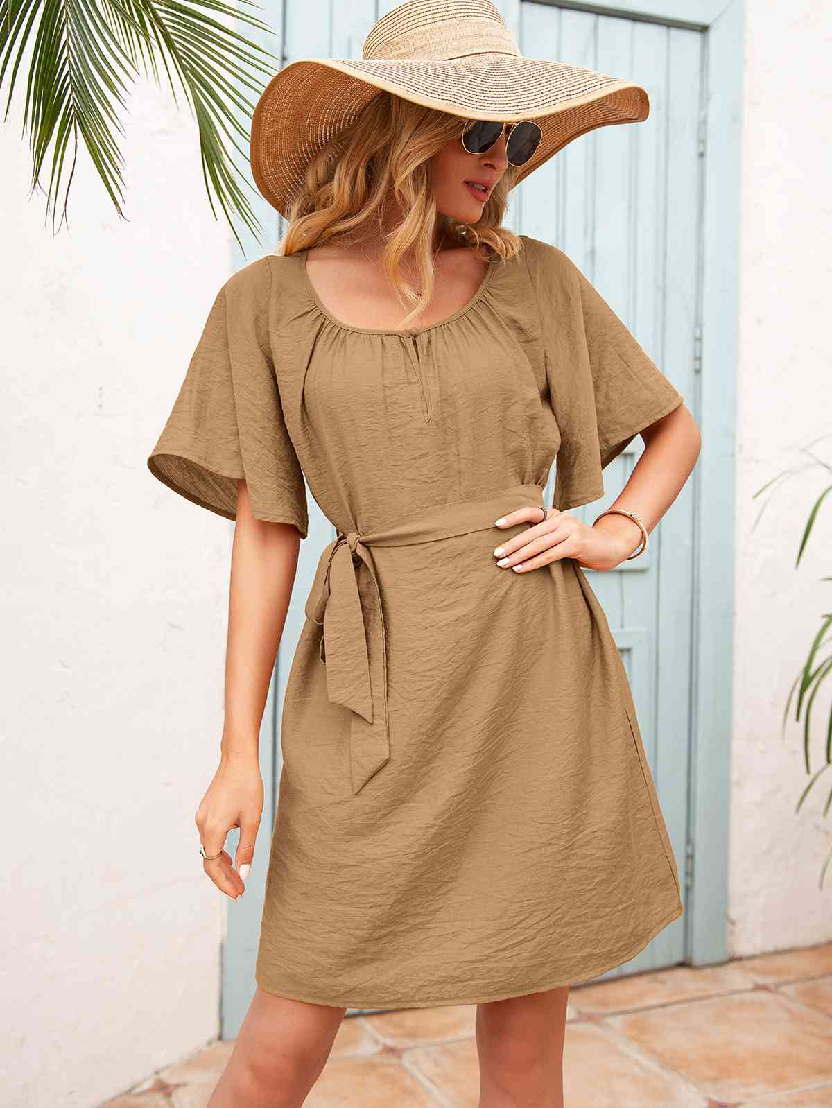 Tie Waist Flutter Sleeve Mini Dress