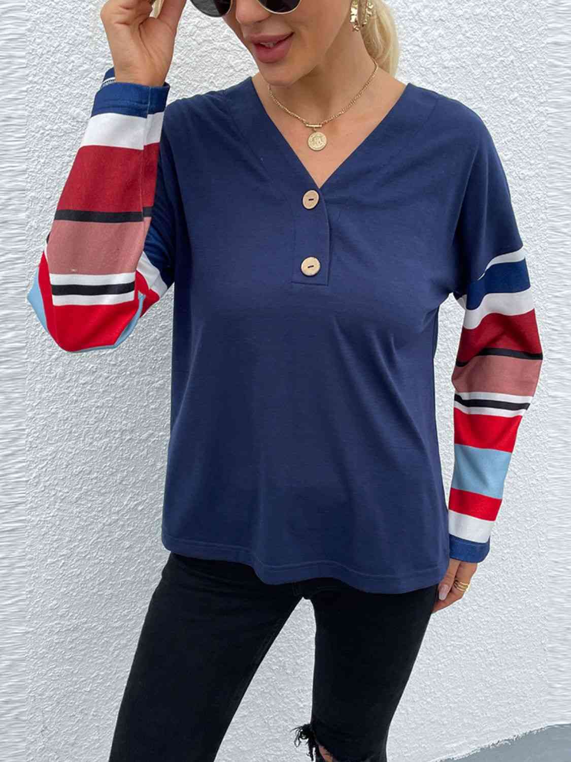 Double Take Dropped Shoulder V-Neck Buttoned Front Tee