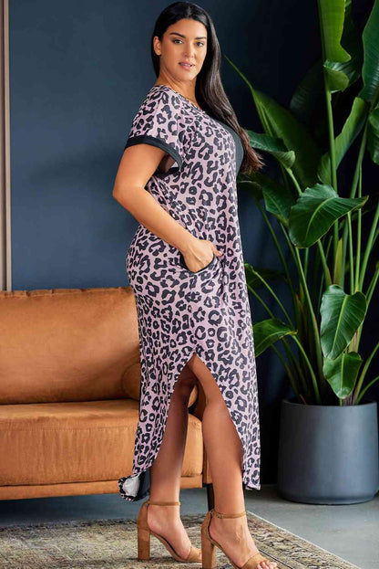 Vestido midi de manga corta con estampado de leopardo en contraste de talla grande