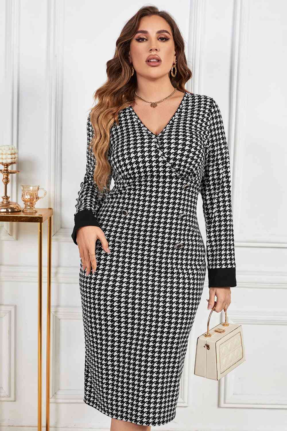 Melo Apparel Robe mi-longue à col en V et motif pied-de-poule de Grande taille