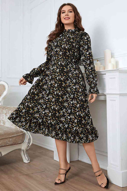 Melo Apparel Plus Size Floral Flounce Sleeve Midi Dress