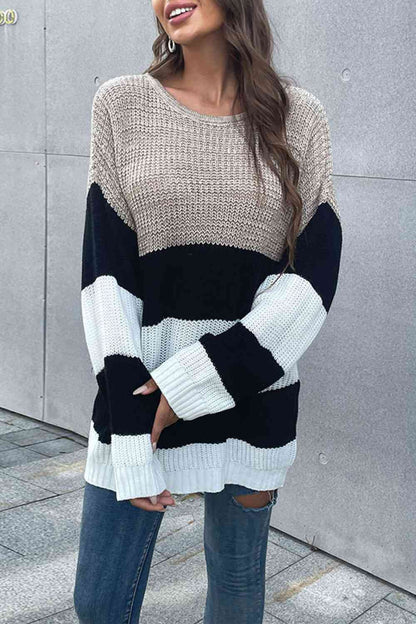 Color Block Striped Long Sleeve Sweater