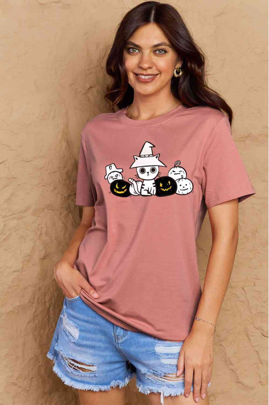 Simply Love T-shirt en coton avec motif chat et citrouille pleine taille