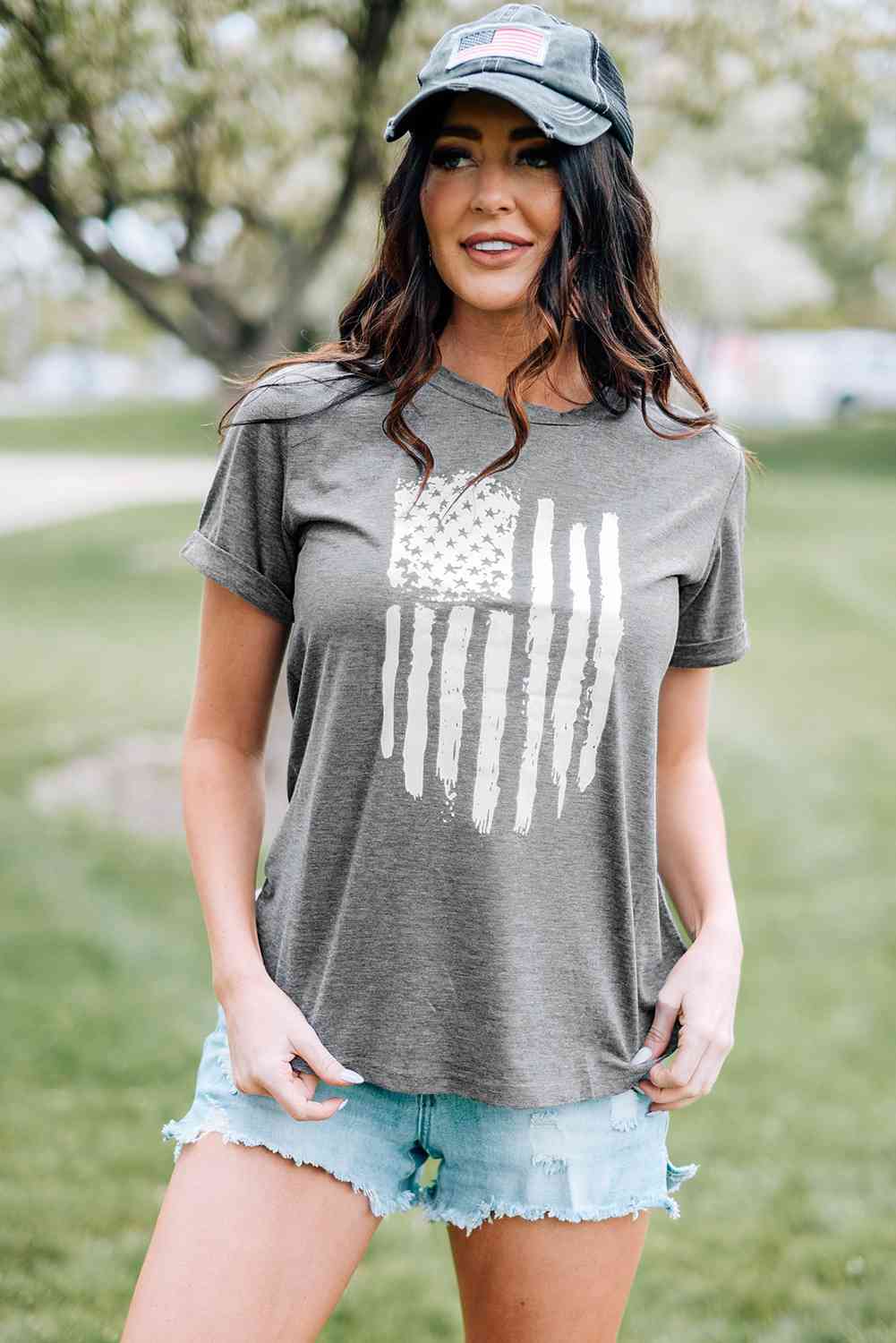 Camiseta con manga con puños y gráfico de bandera de EE. UU.
